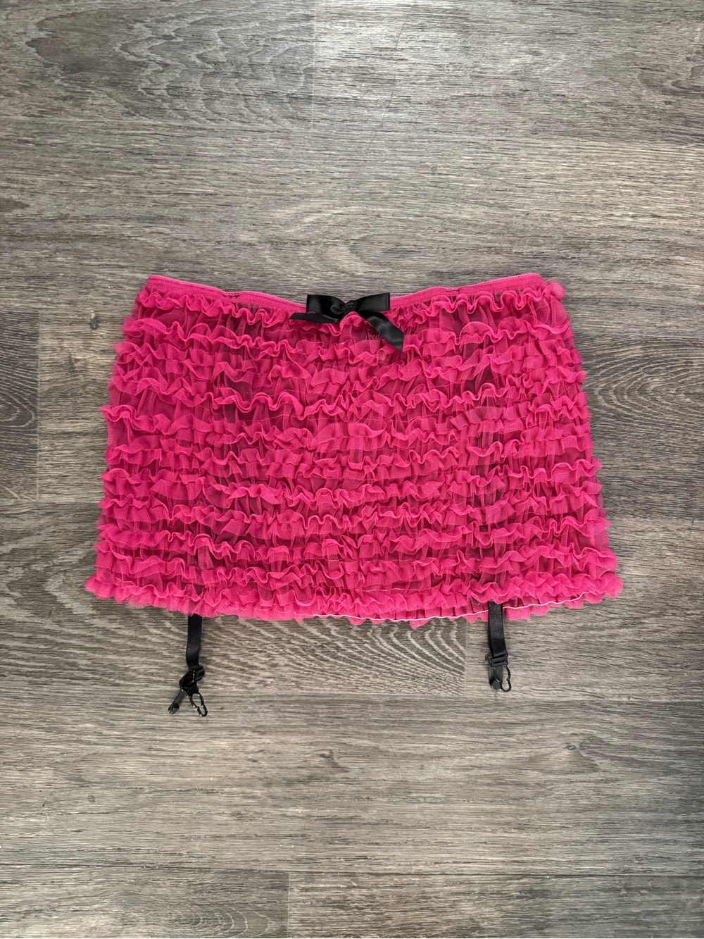 Frederick's of Hollywood Hot Pink Ruffle Mini Skirt with Black Garter Straps
